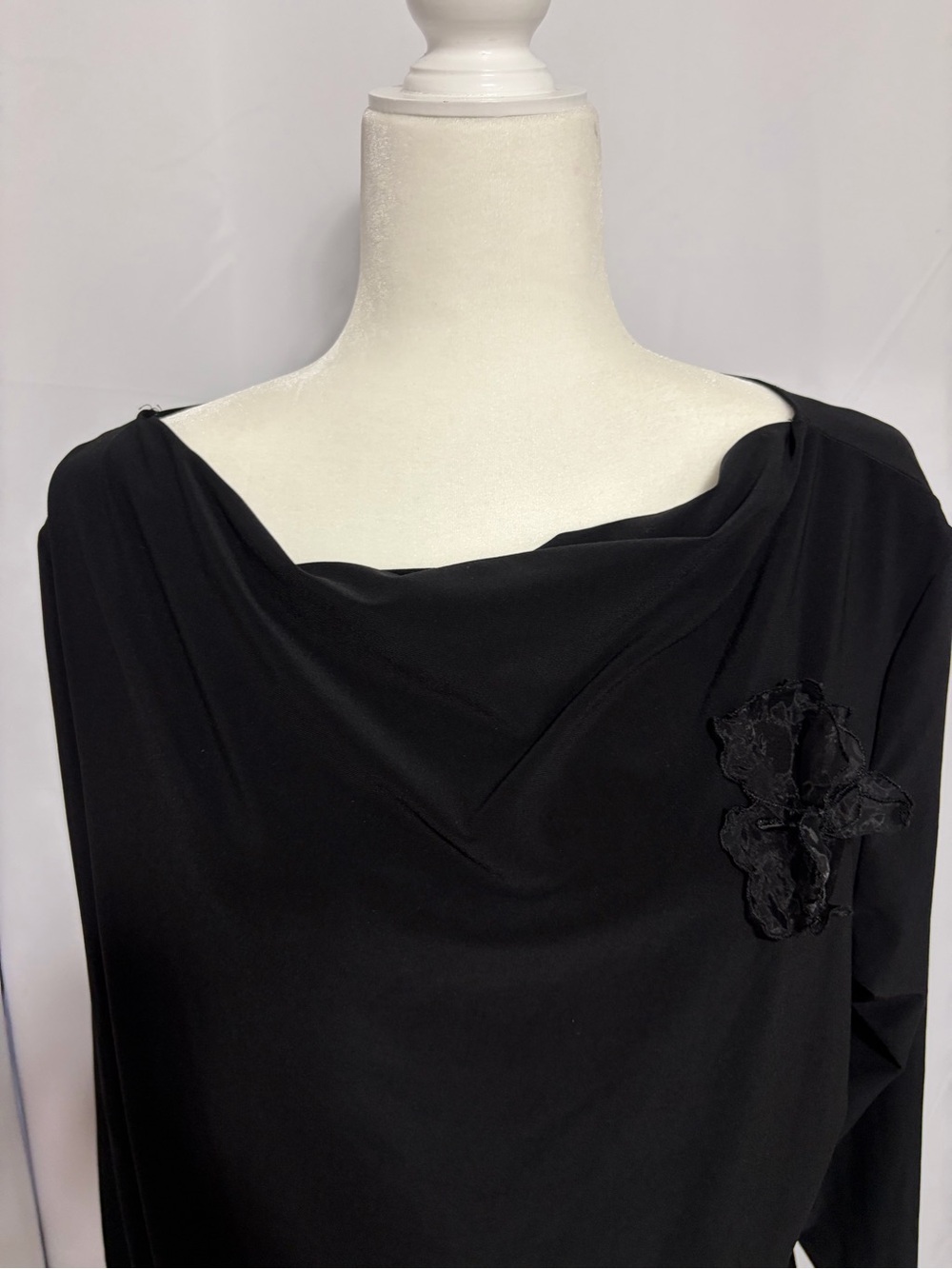 Black Draped Blouse with Floral Appliqué